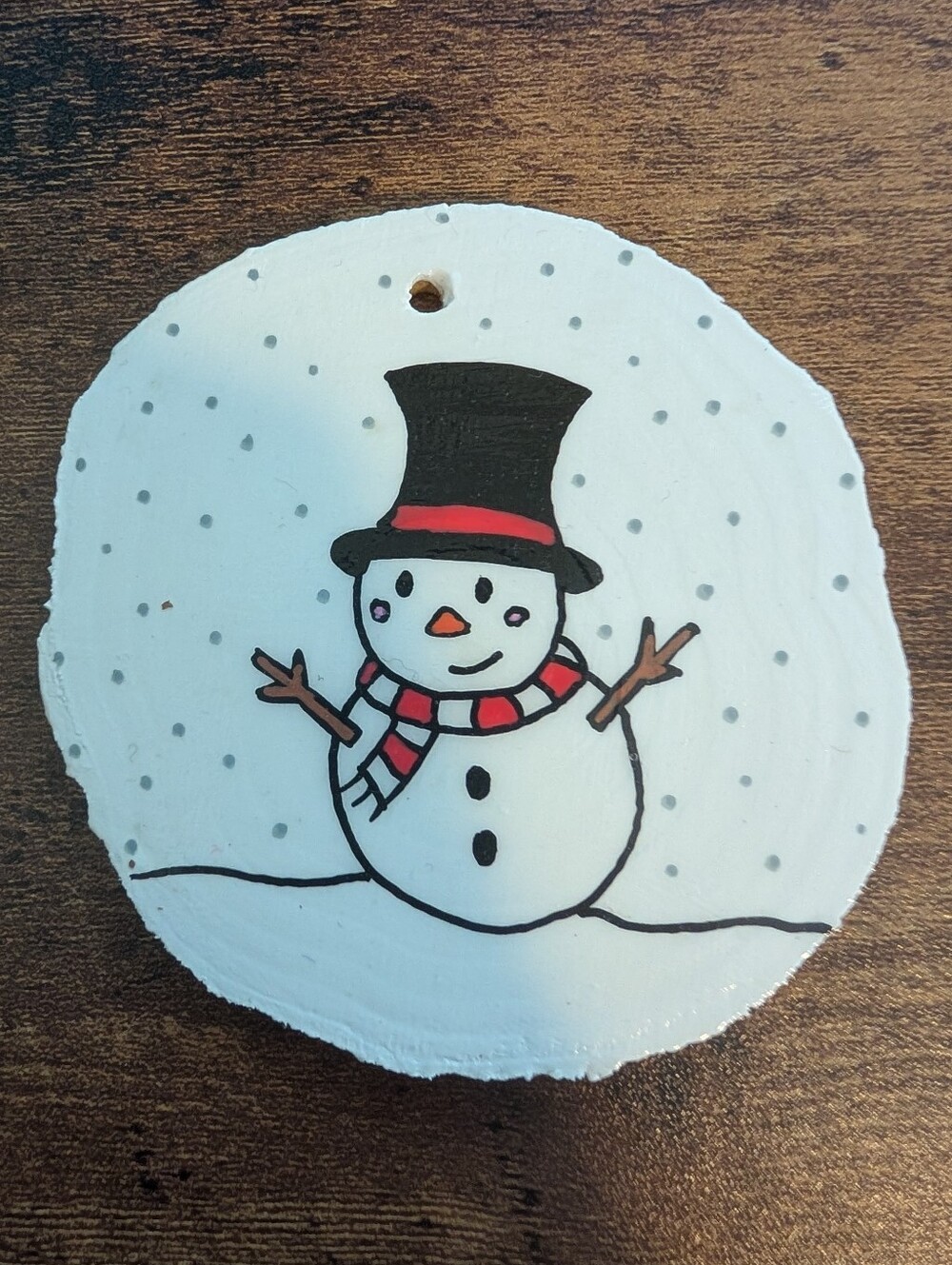 Hand Crafted Christmas Ornament Snowman Wood Slice Hand Painted